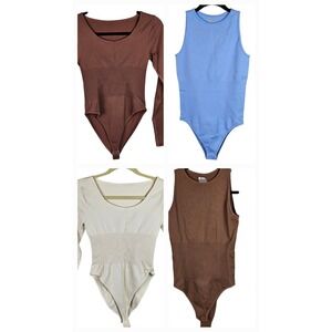Ribbed Bodysuit Set 5 Long Sleeve Sleeveless Scoop Neck Brown Blue Beige Medium